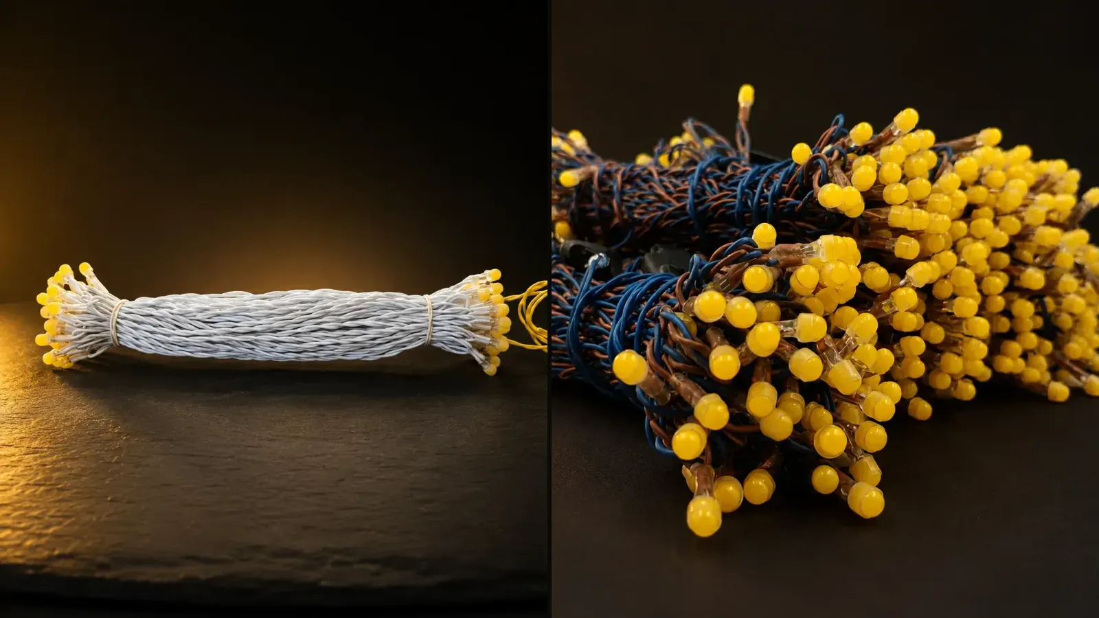 A rice light bundle beside a pixel light bundle, showing the difference in LED size and wire