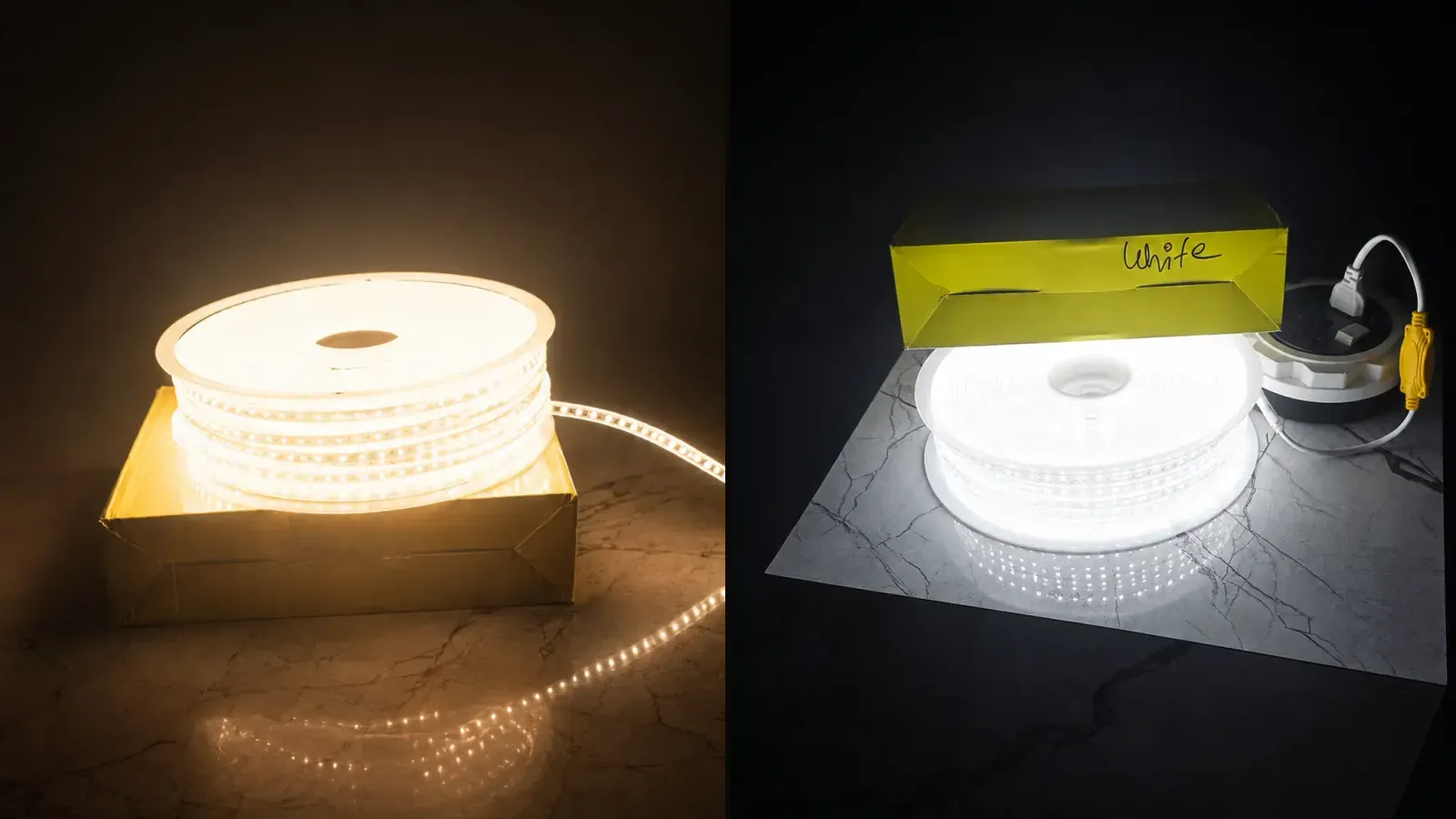 Warm white LED strip beside a cool white LED strip, lit, showing the colour difference