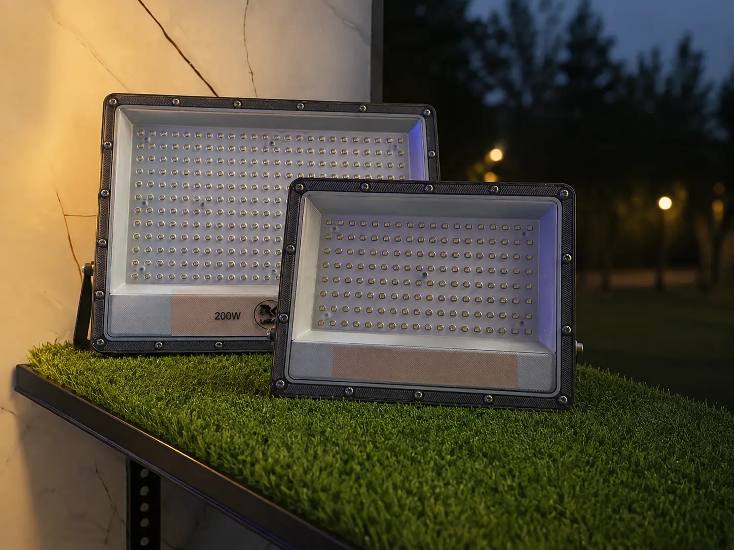 Two LED flood lights of different sizes standing side by side on grass, die-cast housings with toughened glass fronts and yoke brackets